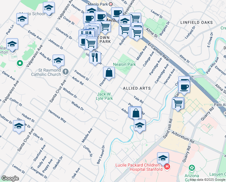 map of restaurants, bars, coffee shops, grocery stores, and more near 500 Fremont Street in Menlo Park