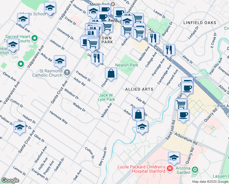 map of restaurants, bars, coffee shops, grocery stores, and more near 500 Fremont Street in Menlo Park