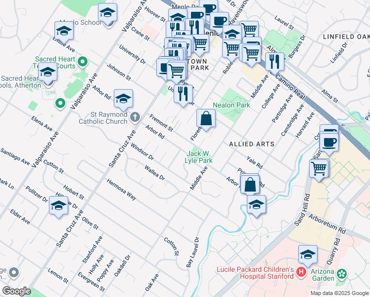map of restaurants, bars, coffee shops, grocery stores, and more near 600 Arbor Road in Menlo Park