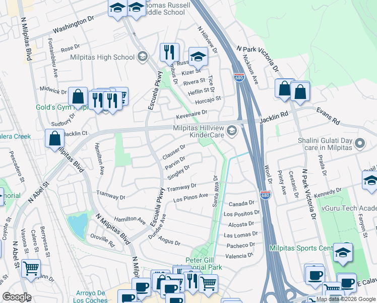 map of restaurants, bars, coffee shops, grocery stores, and more near 685 Parvin Drive in Milpitas