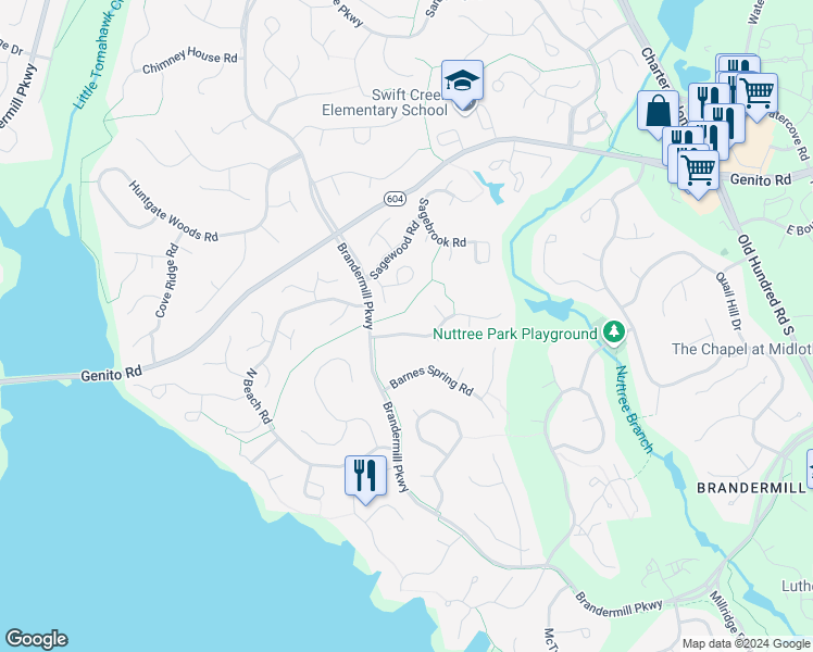 map of restaurants, bars, coffee shops, grocery stores, and more near 13908 Sterlings Bridge Road in Midlothian