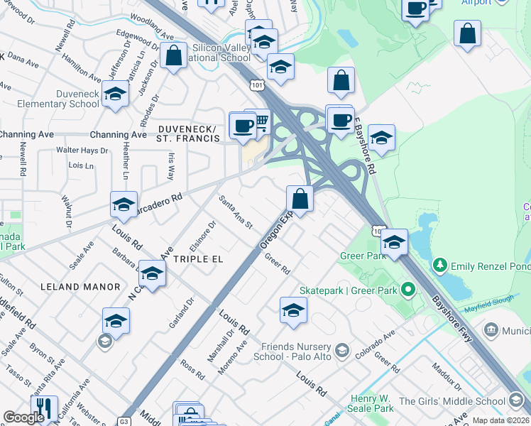 map of restaurants, bars, coffee shops, grocery stores, and more near 2374 Santa Catalina Street in Palo Alto