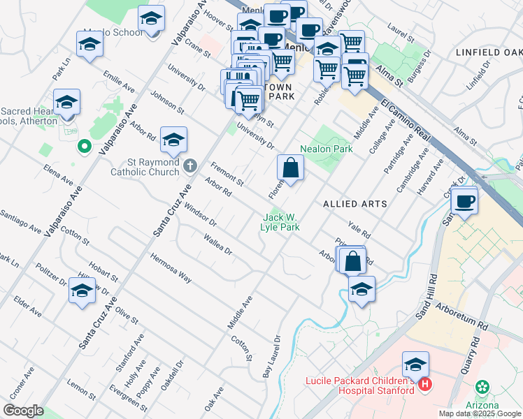 map of restaurants, bars, coffee shops, grocery stores, and more near 700 Arbor Road in Menlo Park
