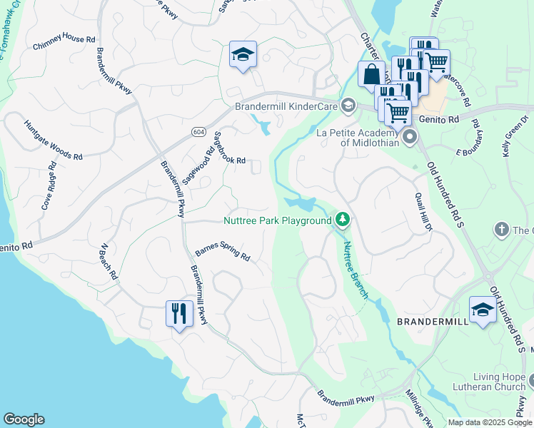 map of restaurants, bars, coffee shops, grocery stores, and more near 13805 Sterlings Bridge Road in Midlothian