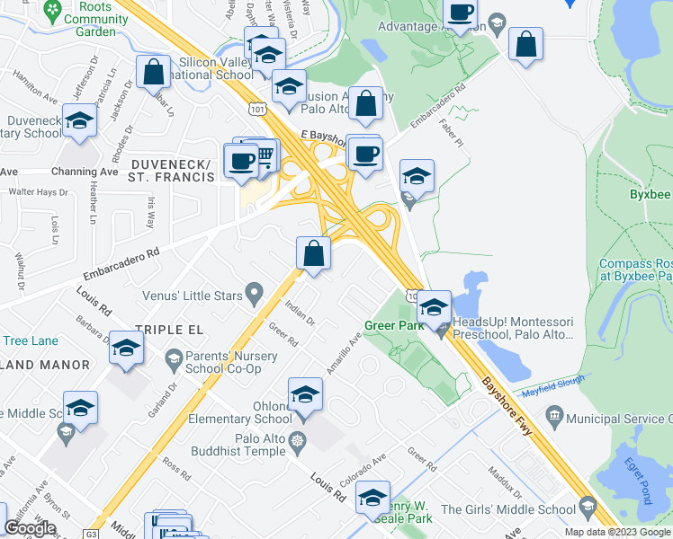 map of restaurants, bars, coffee shops, grocery stores, and more near 2468 Chabot Terrace in Palo Alto