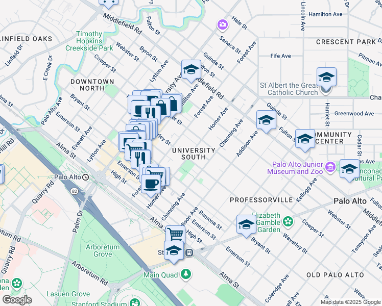 map of restaurants, bars, coffee shops, grocery stores, and more near in Palo Alto