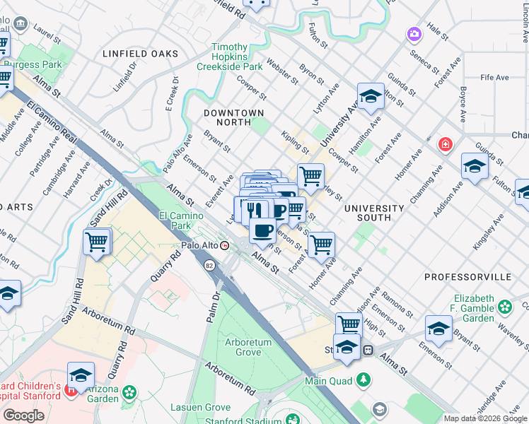 map of restaurants, bars, coffee shops, grocery stores, and more near 172 University Avenue in Palo Alto