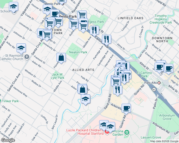 map of restaurants, bars, coffee shops, grocery stores, and more near 229 University Avenue in Menlo Park