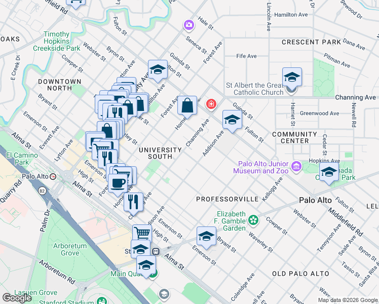 map of restaurants, bars, coffee shops, grocery stores, and more near 913 Cowper Street in Palo Alto