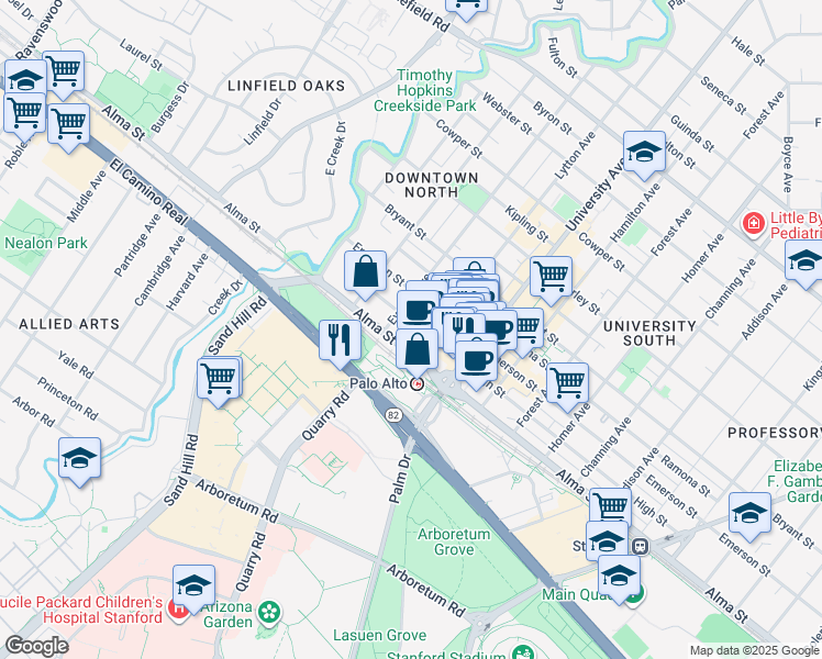 map of restaurants, bars, coffee shops, grocery stores, and more near 355 Alma Street in Palo Alto
