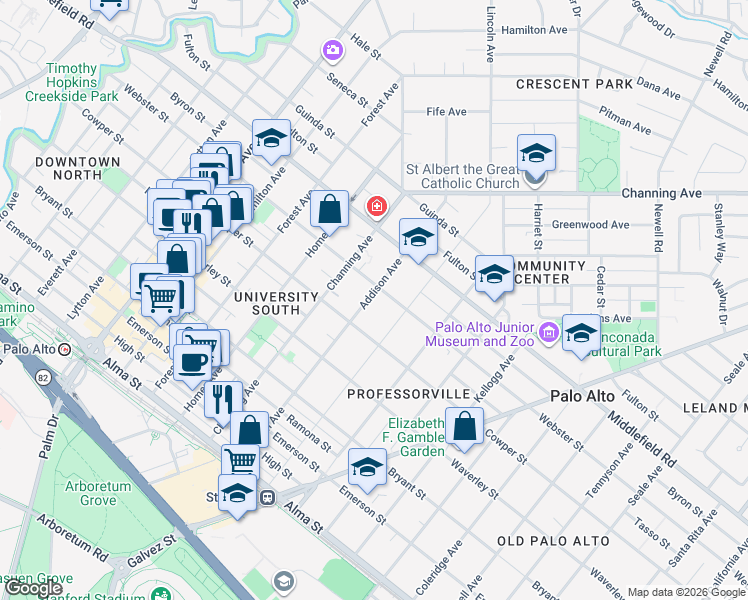 map of restaurants, bars, coffee shops, grocery stores, and more near 566 Addison Avenue in Palo Alto