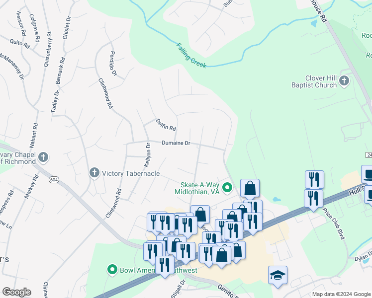 map of restaurants, bars, coffee shops, grocery stores, and more near 11231 Dumaine Drive in Midlothian