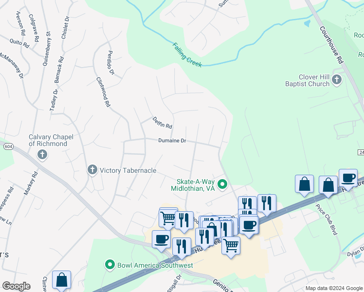 map of restaurants, bars, coffee shops, grocery stores, and more near 11231 Dumaine Drive in Midlothian