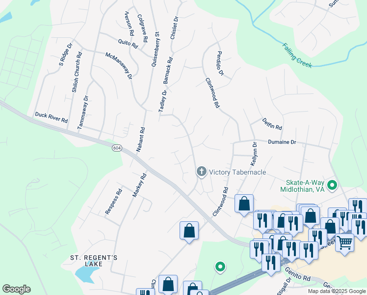 map of restaurants, bars, coffee shops, grocery stores, and more near 11900 Hazelnut Branch Terrace in Midlothian