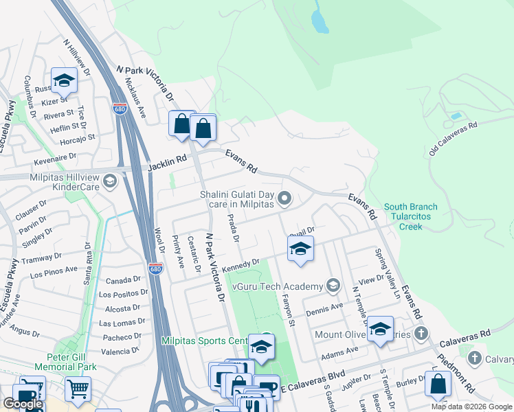 map of restaurants, bars, coffee shops, grocery stores, and more near 686 Santos Court in Milpitas