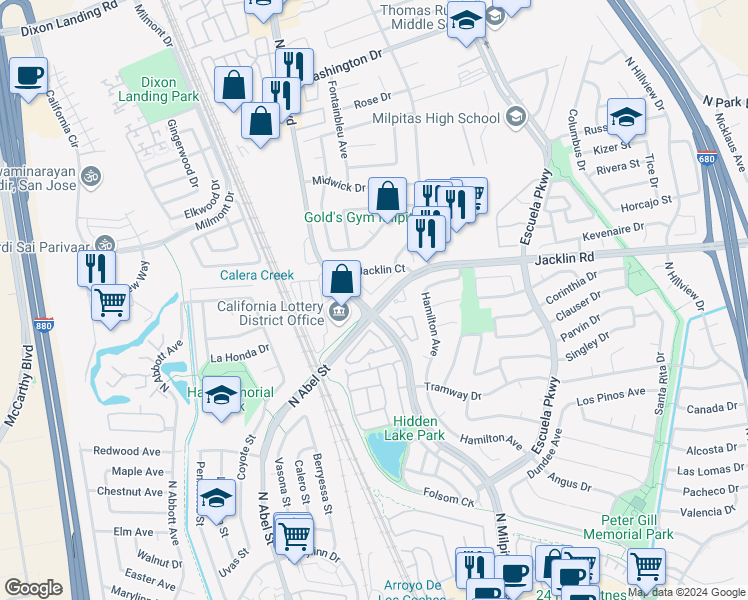 map of restaurants, bars, coffee shops, grocery stores, and more near in Milpitas