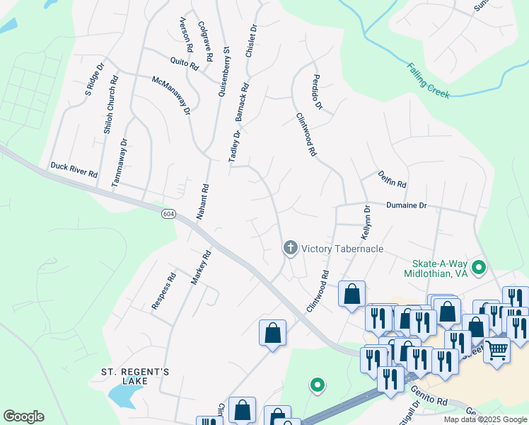 map of restaurants, bars, coffee shops, grocery stores, and more near 11900 Hazelnut Branch Terrace in Midlothian