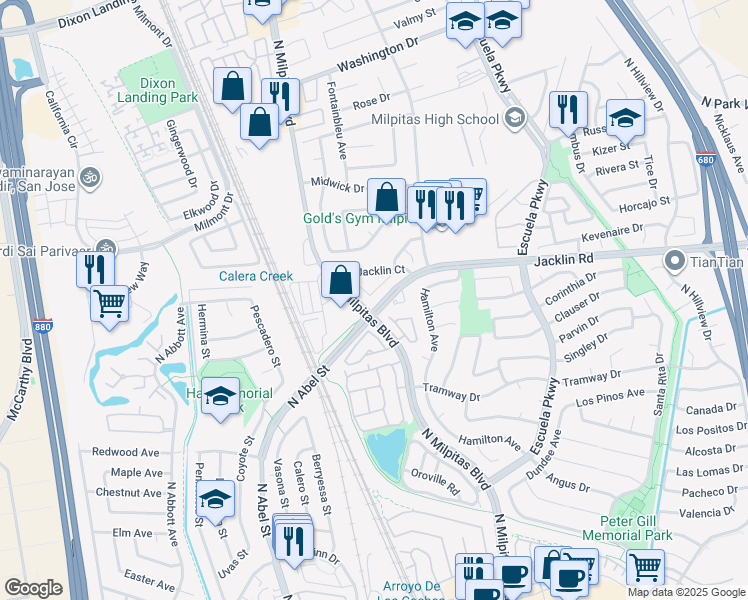 map of restaurants, bars, coffee shops, grocery stores, and more near in Milpitas