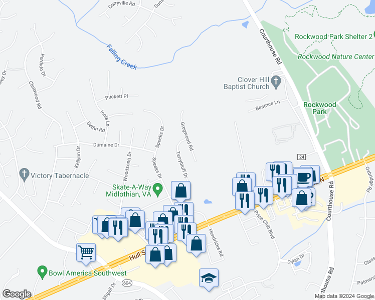 map of restaurants, bars, coffee shops, grocery stores, and more near 3112 Gregwood Road in Midlothian