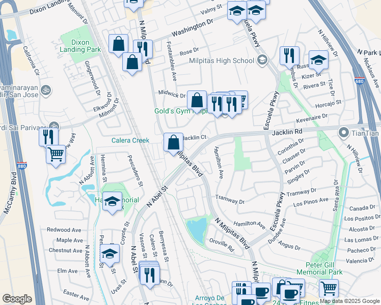 map of restaurants, bars, coffee shops, grocery stores, and more near in Milpitas