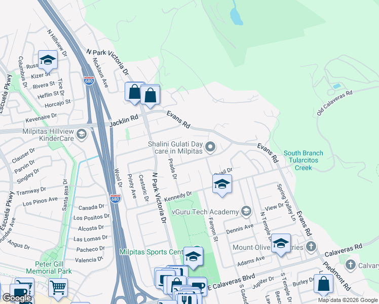 map of restaurants, bars, coffee shops, grocery stores, and more near 686 Santos Court in Milpitas