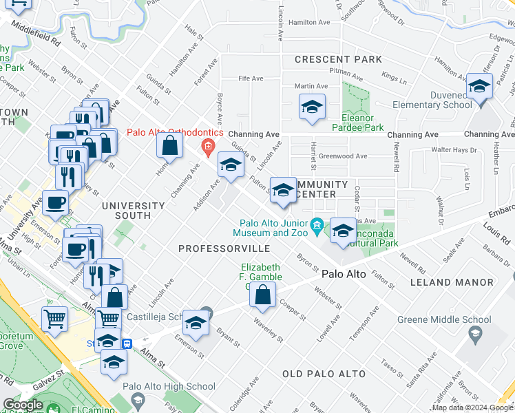 map of restaurants, bars, coffee shops, grocery stores, and more near 671 Kingsley Avenue in Palo Alto