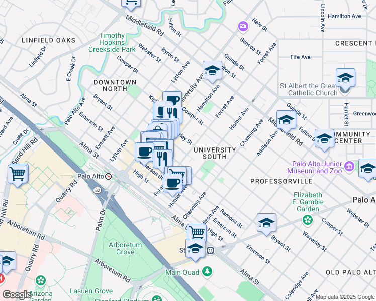 map of restaurants, bars, coffee shops, grocery stores, and more near 365 Forest Avenue in Palo Alto
