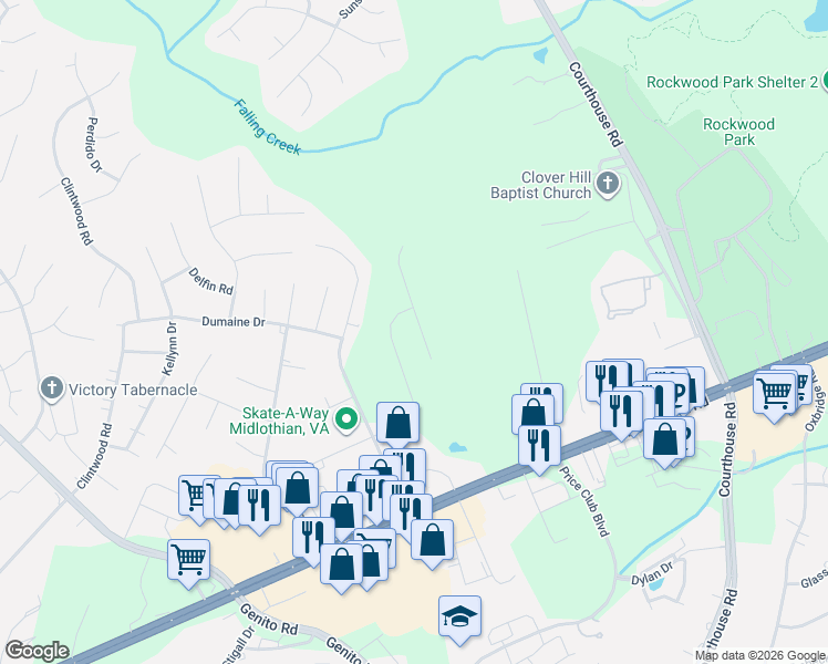 map of restaurants, bars, coffee shops, grocery stores, and more near 3130 Gregwood Road in Midlothian