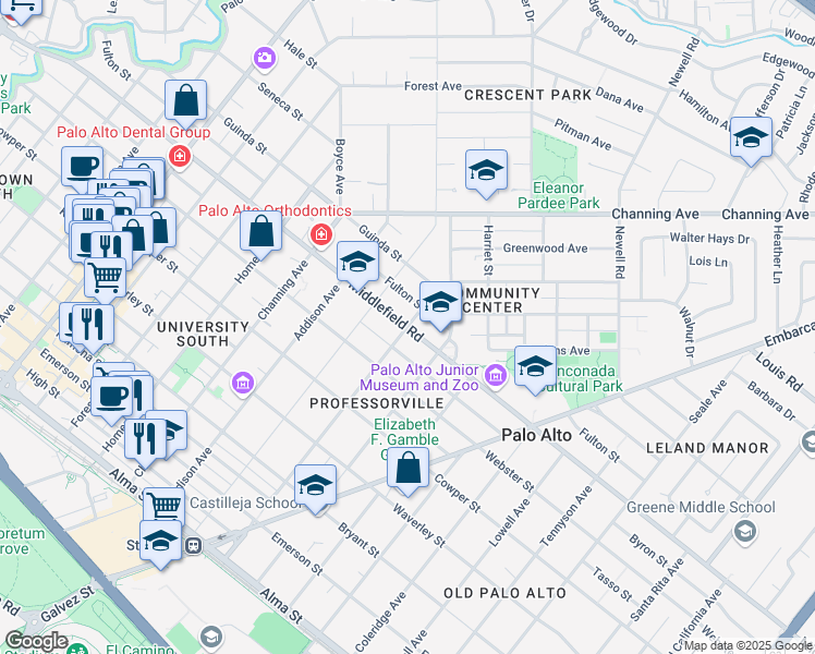 map of restaurants, bars, coffee shops, grocery stores, and more near Middlefield Road & Kingsley Avenue in Palo Alto