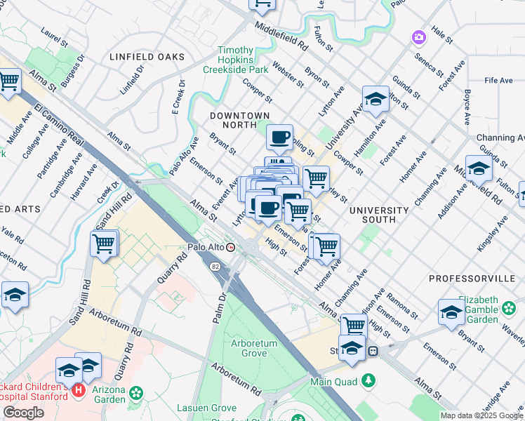 map of restaurants, bars, coffee shops, grocery stores, and more near 251 University Avenue in Palo Alto