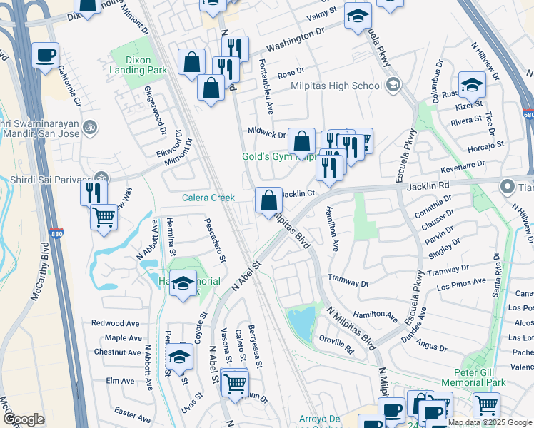 map of restaurants, bars, coffee shops, grocery stores, and more near 11 Jacklin Circle in Milpitas