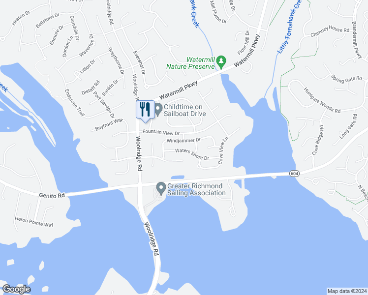 map of restaurants, bars, coffee shops, grocery stores, and more near 14718 Waters Shore Drive in Midlothian