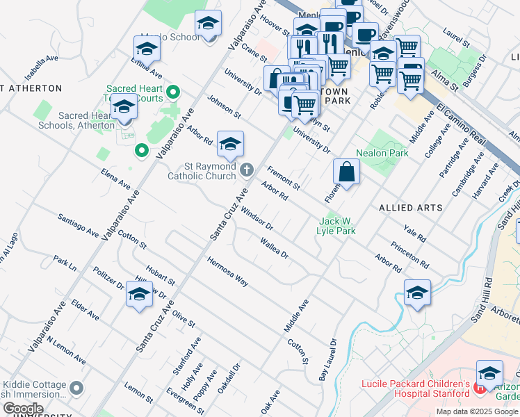 map of restaurants, bars, coffee shops, grocery stores, and more near 1158 Windsor Way in Menlo Park