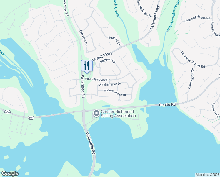 map of restaurants, bars, coffee shops, grocery stores, and more near 14718 Waters Shore Drive in Midlothian