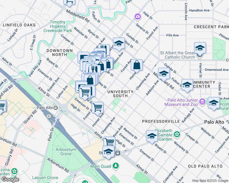map of restaurants, bars, coffee shops, grocery stores, and more near in Palo Alto
