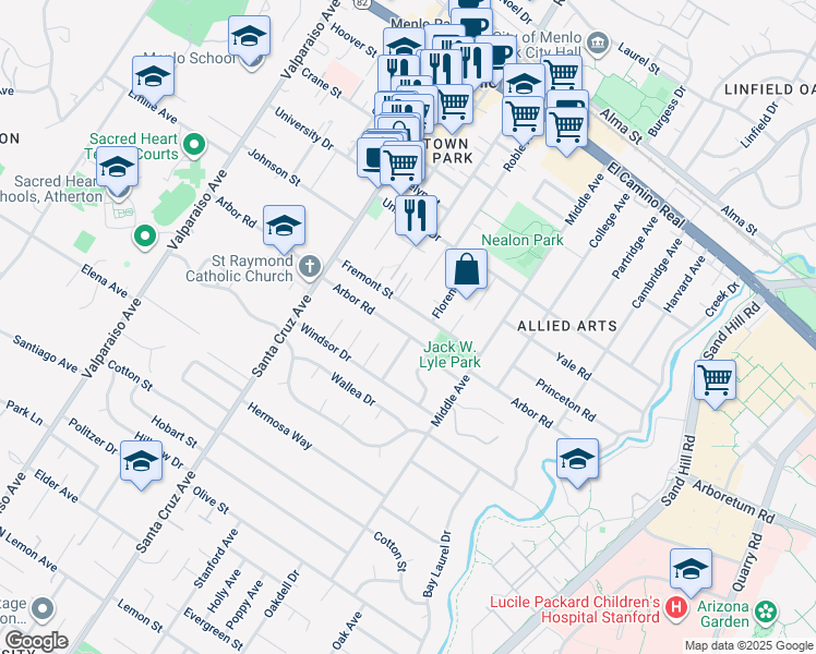 map of restaurants, bars, coffee shops, grocery stores, and more near 823 Fremont Street in Menlo Park