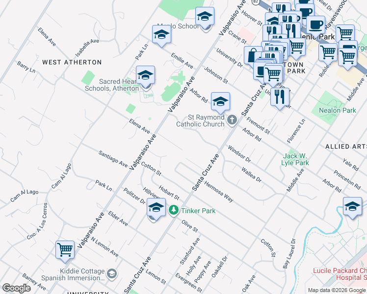 map of restaurants, bars, coffee shops, grocery stores, and more near 1285 San Mateo Drive in Menlo Park
