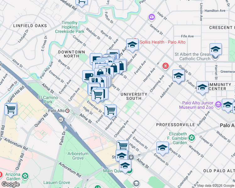map of restaurants, bars, coffee shops, grocery stores, and more near 636 Waverley Street in Palo Alto