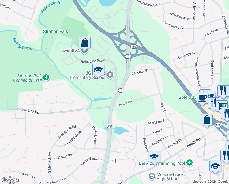 map of restaurants, bars, coffee shops, grocery stores, and more near 4801 Ridgedale Parkway in Richmond