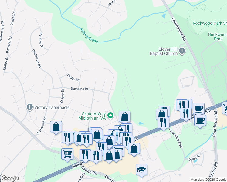 map of restaurants, bars, coffee shops, grocery stores, and more near 3018 Speeks Drive in Midlothian