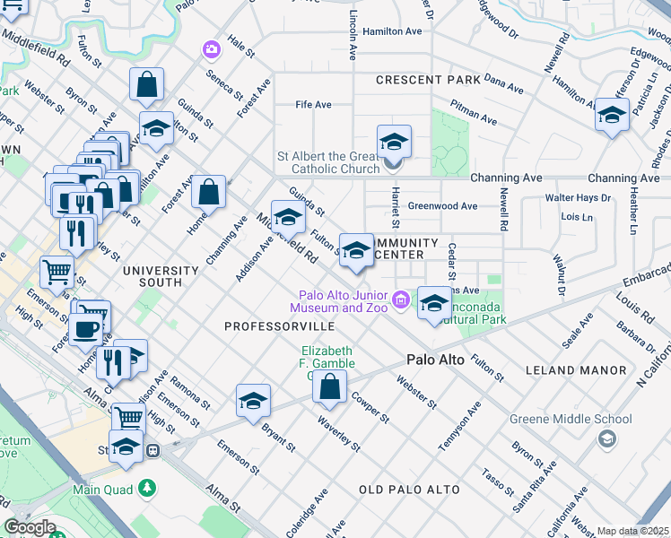 map of restaurants, bars, coffee shops, grocery stores, and more near 700 Kingsley Avenue in Palo Alto