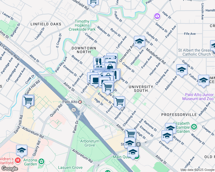map of restaurants, bars, coffee shops, grocery stores, and more near 300 University Avenue in Palo Alto