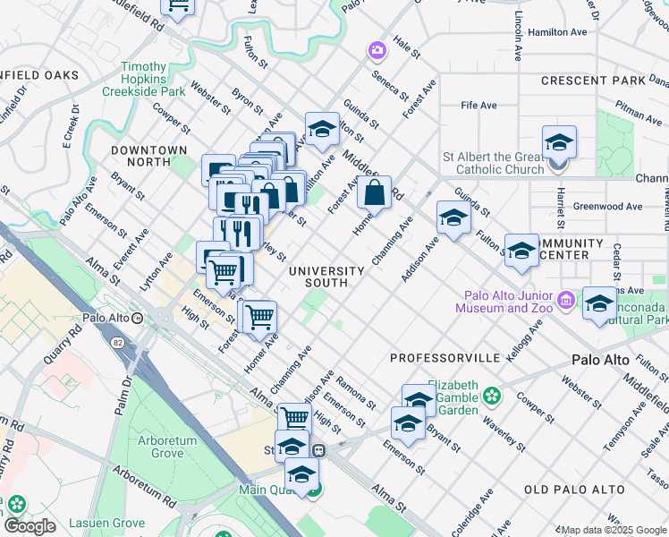 map of restaurants, bars, coffee shops, grocery stores, and more near 801 Kipling Street in Palo Alto