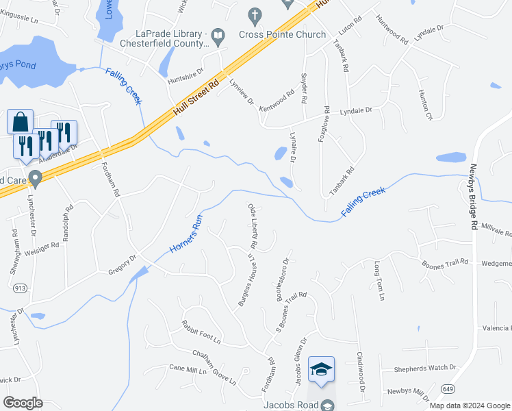 map of restaurants, bars, coffee shops, grocery stores, and more near 9106 Barnwell Circle in Richmond