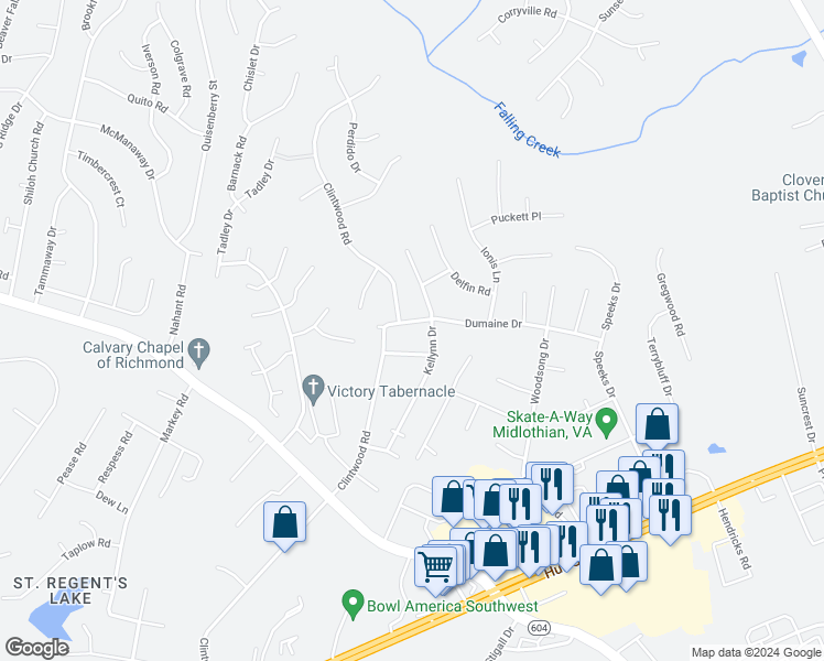 map of restaurants, bars, coffee shops, grocery stores, and more near 11411 Dumaine Drive in Midlothian