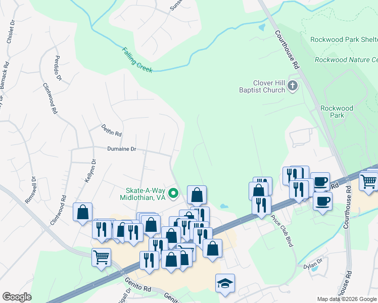 map of restaurants, bars, coffee shops, grocery stores, and more near 3118 Terrybluff Drive in Midlothian
