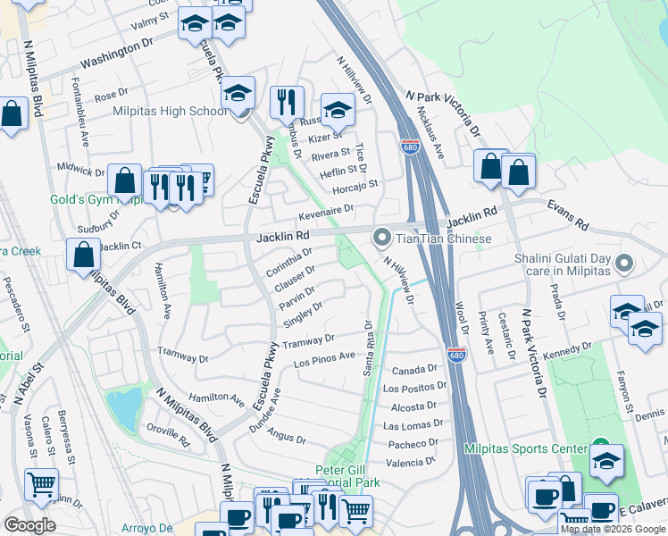 map of restaurants, bars, coffee shops, grocery stores, and more near 736 Corinthia Drive in Milpitas