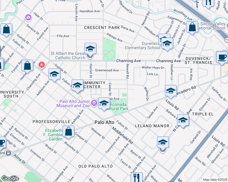 map of restaurants, bars, coffee shops, grocery stores, and more near 1328 Parkinson Avenue in Palo Alto