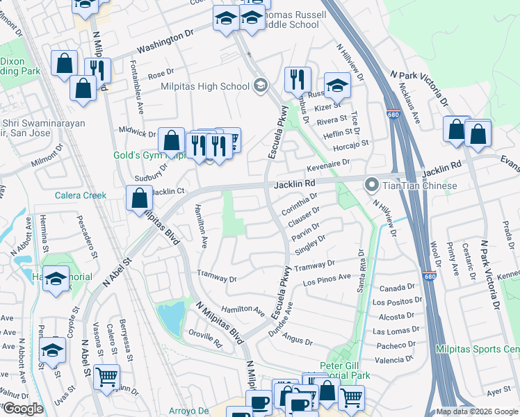 map of restaurants, bars, coffee shops, grocery stores, and more near Gemma Dr & Martil Way in Milpitas