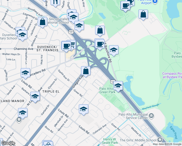 map of restaurants, bars, coffee shops, grocery stores, and more near 1125 Sierra Court in Palo Alto